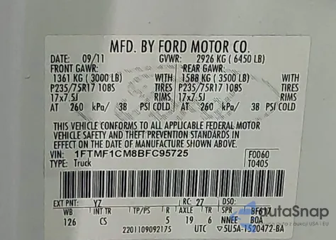 2011 Ford F-150 Xl из США, поврежденный, VIN 1FTMF1CM8BFC95725